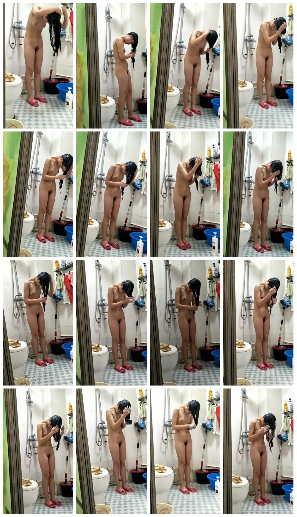 趁表妹洗头时候眼睛无法睁开的时候偷拍她洗澡,可能女人第六感觉察觉到了,表妹问谁在外面 预览图